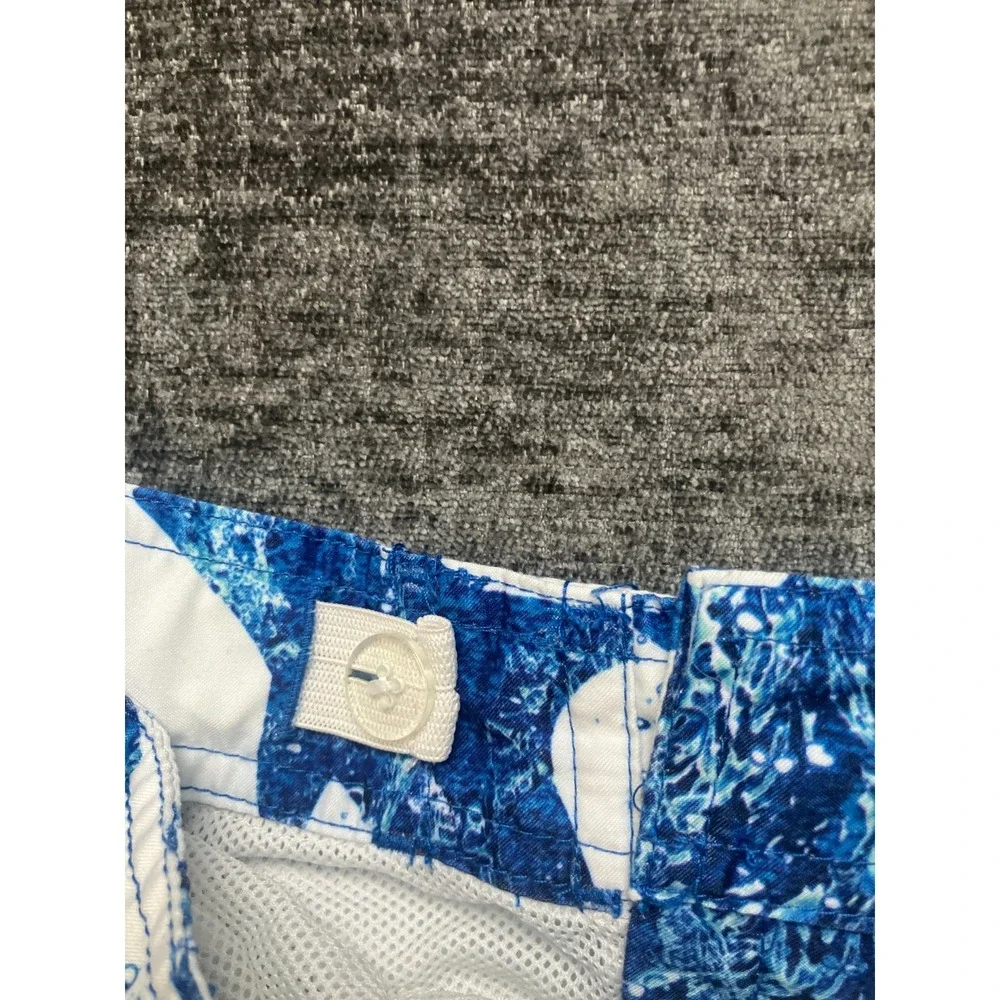L.L. Bean Swim Trunks Boys 18 White Blue Shark Print Beach Wear Drawstring Waist